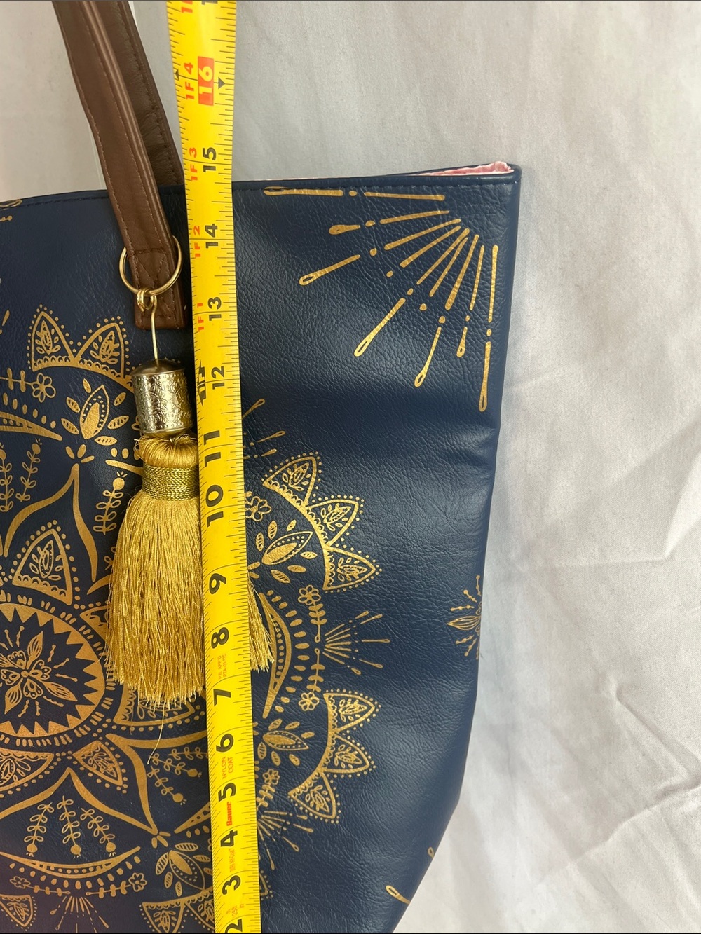 Papaya Navy Tote with Gold Mandala and Brown Straps Pink Satan Lined - Picture 16 of 16